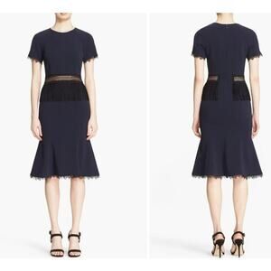 Jonathan Simkhai 4 Dress Navy Blue Crepe Black Fringe Lace Trim Formal Cocktail